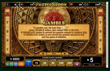 Aztec Glory Slot Machine Gamble Feature Screen