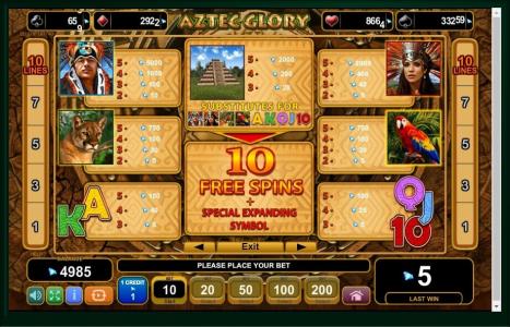 Aztec Glory Slot Machine Paytable Screen