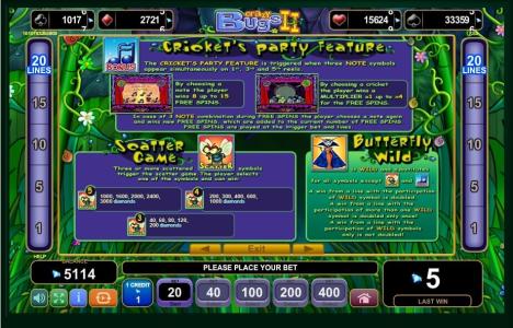 Crazy Bugs II Slot Machine Scatter Awards and Wild Symbol Screen