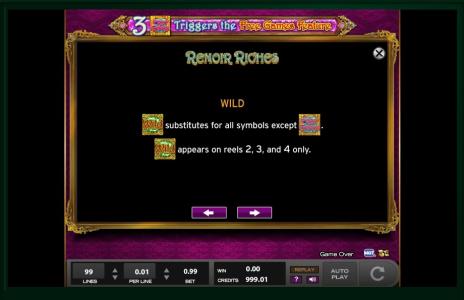 Renoir Riches Slot Machine Wild Symbol Screen
