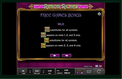 Renoir Riches Slot Machine Free Games Bonus Screen