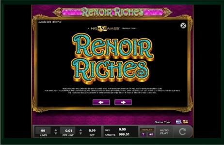 Renoir Riches Slot Machine Introduction Screen