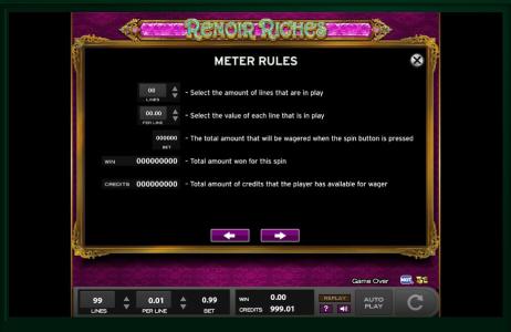 Renoir Riches Slot Machine Game Rules Screen