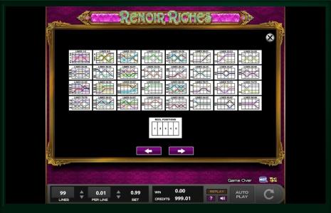 Renoir Riches Slot Machine Paylines Screen