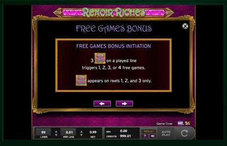 Renoir Riches Slot Machine Free Games Bonus Screen