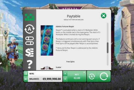Adelia The Fortune Wielder Slot Machine Paytable Screen