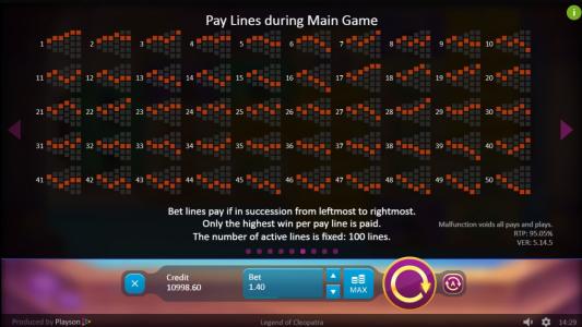 Legend of Cleopatra Slot Machine Paylines Screen